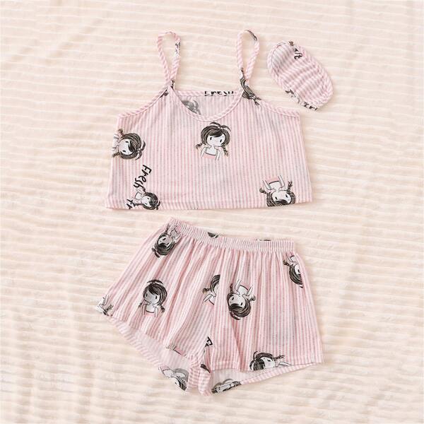 

Girls Figure Graphic Striped Cami PJ Set With Eye Cover, Pink