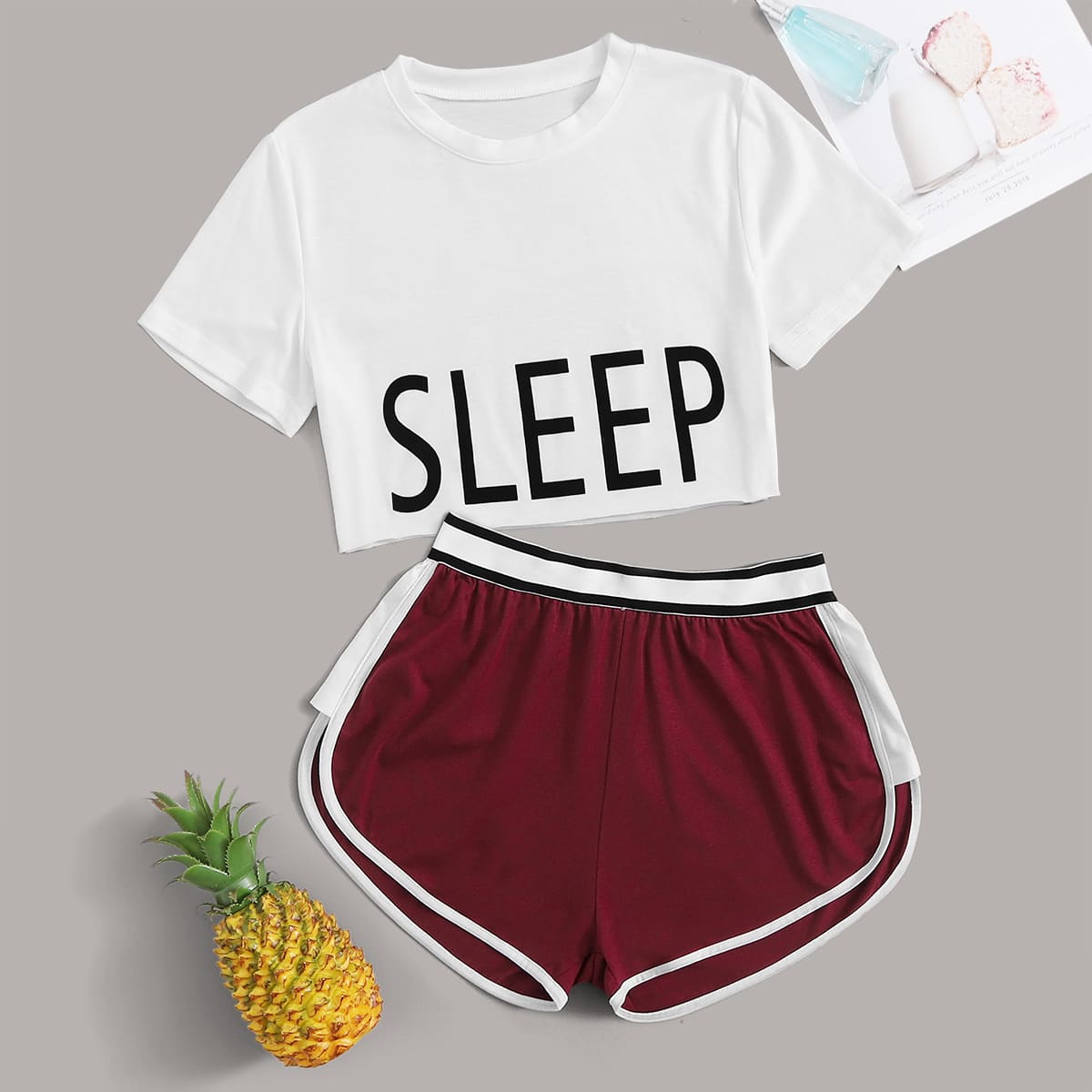

Letter Graphic Crop Tee With Track Shorts PJ Set, Multicolor