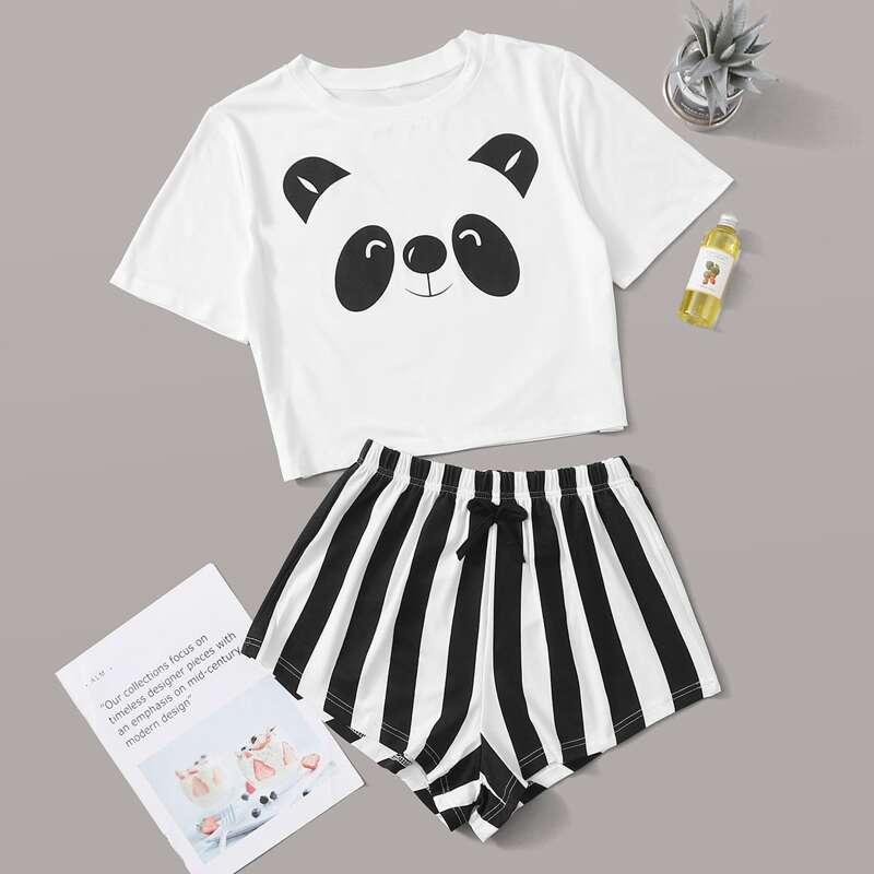 

Panda And Stripe Print Pajama Set, Black and white