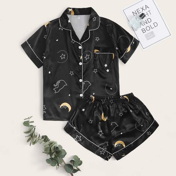 

Satin Galaxy Print Pocket Patched PJ Set, Black