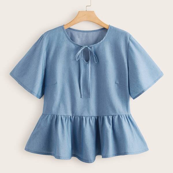 

Джинсовая блузка размера плюс с узлом и оборками, Синий