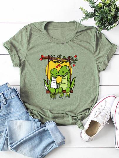Plus Cartoon Dinosaur Print Short Sleeve Tee