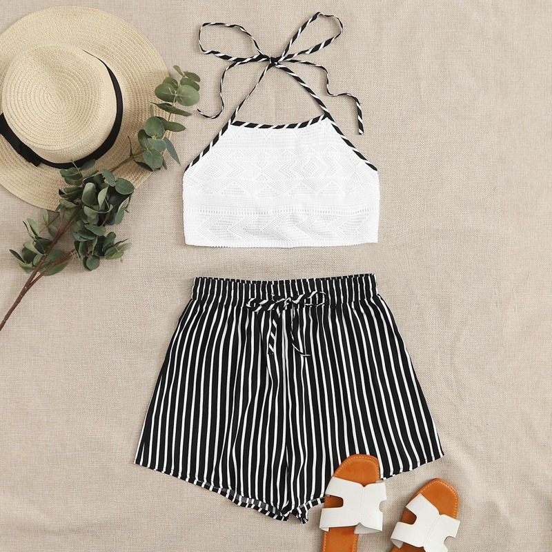 

Knotted Backless Halter Top & Striped Shorts Set, Black and white