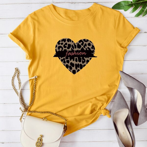 

Plus Leopard Heart & Letter Graphic Tee, Yellow