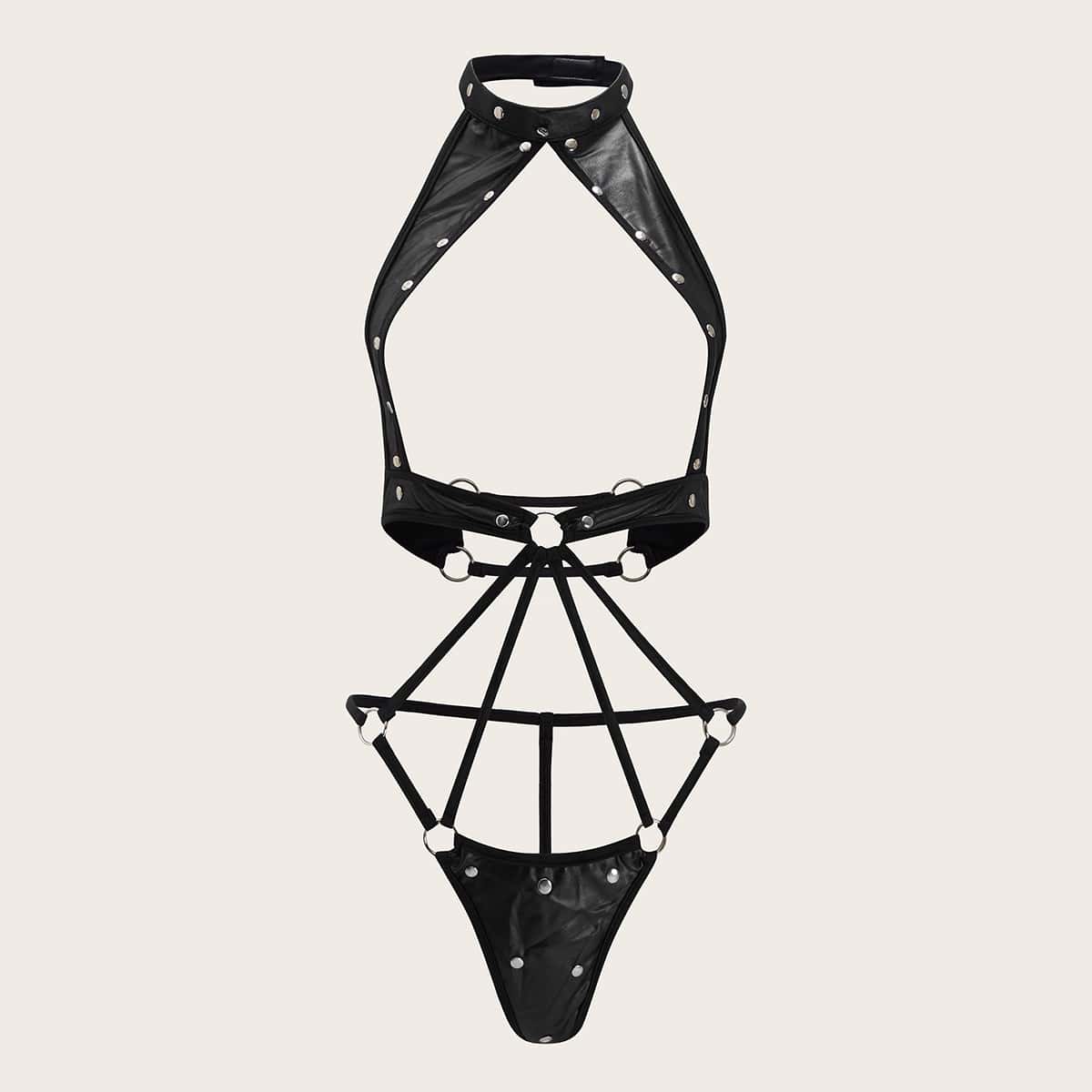 

Ring Linked Studded Choker Teddy Bodysuit, Black