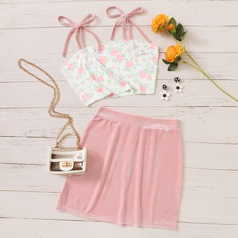 

Floral Crop Cami & Velvet Pink Skirt, Multicolor