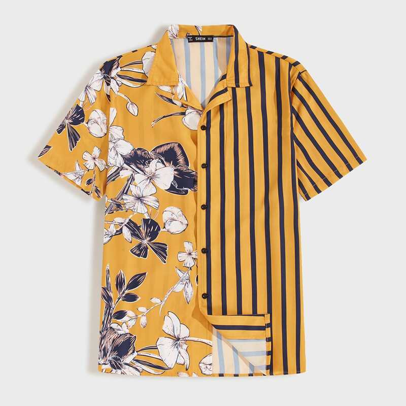 

Guys Notched Collar Floral & Striped Shirt, Yellow