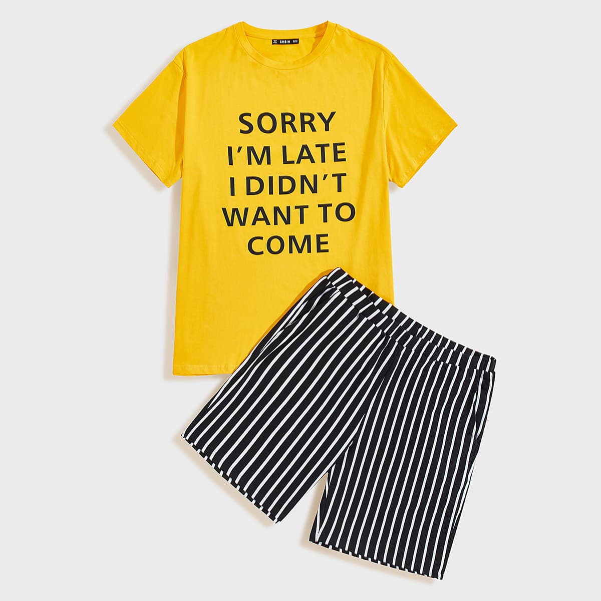 

Guys Slogan Graphic Top & Striped Shorts PJ Set, Multicolor