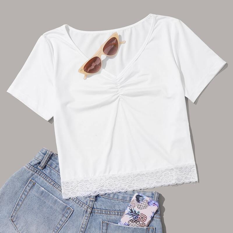 

Lace Hem Ruched White Tee