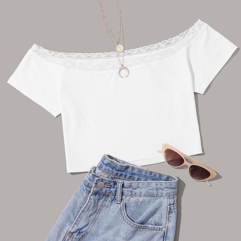 

Lace Trim Crop White Tee