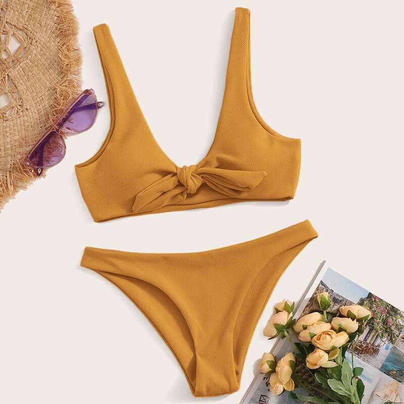 

Textured Knot Front Bikini Swimsuit, Yellow