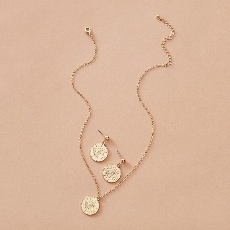 

1pc Coin Charm Necklace & 1pair Earrings