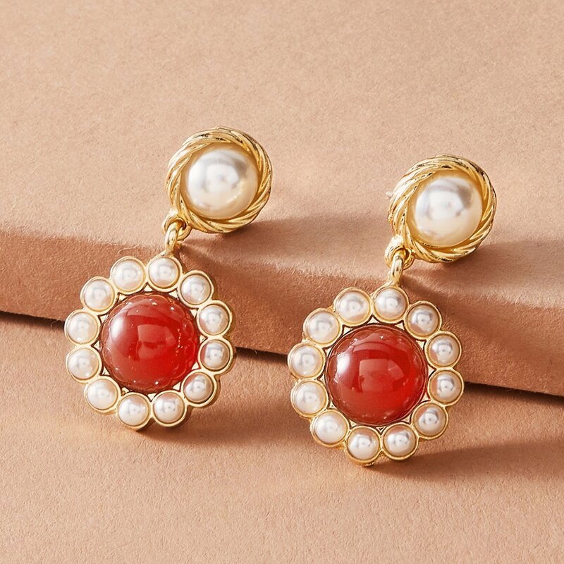 

1pair Faux Pearl Beaded Round Drop Earrings, Multicolor