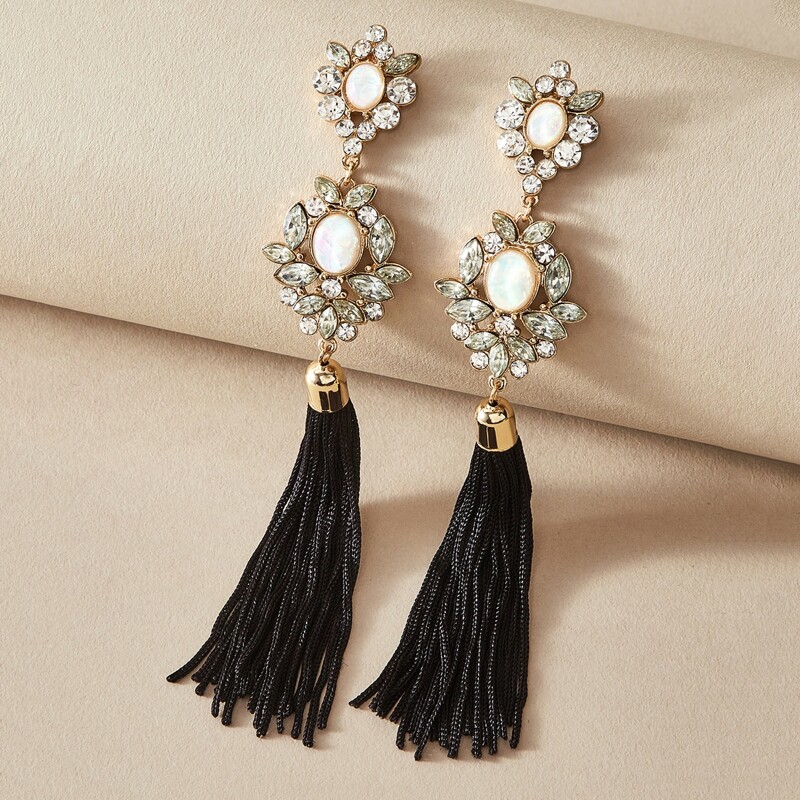 

1pair Rhinestone Engraved Tassel Drop Earrings, Multicolor