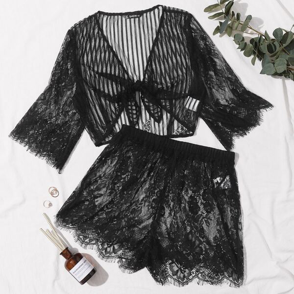 

Tie Front Sheer Lace Top & Short Set, Black
