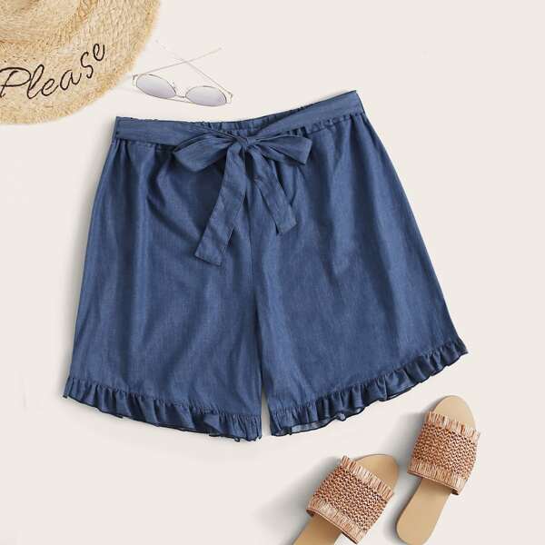 

Plus Tie Front Ruffle Hem Denim Shorts, Navy blue