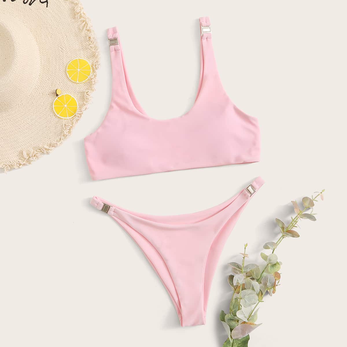 

Metal Buckle High Cut Bikini Swimsuit, Pink
