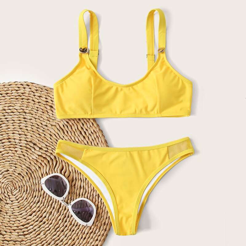 

Contrast Mesh Adjustable Strap Bikini Swimsuit, Yellow