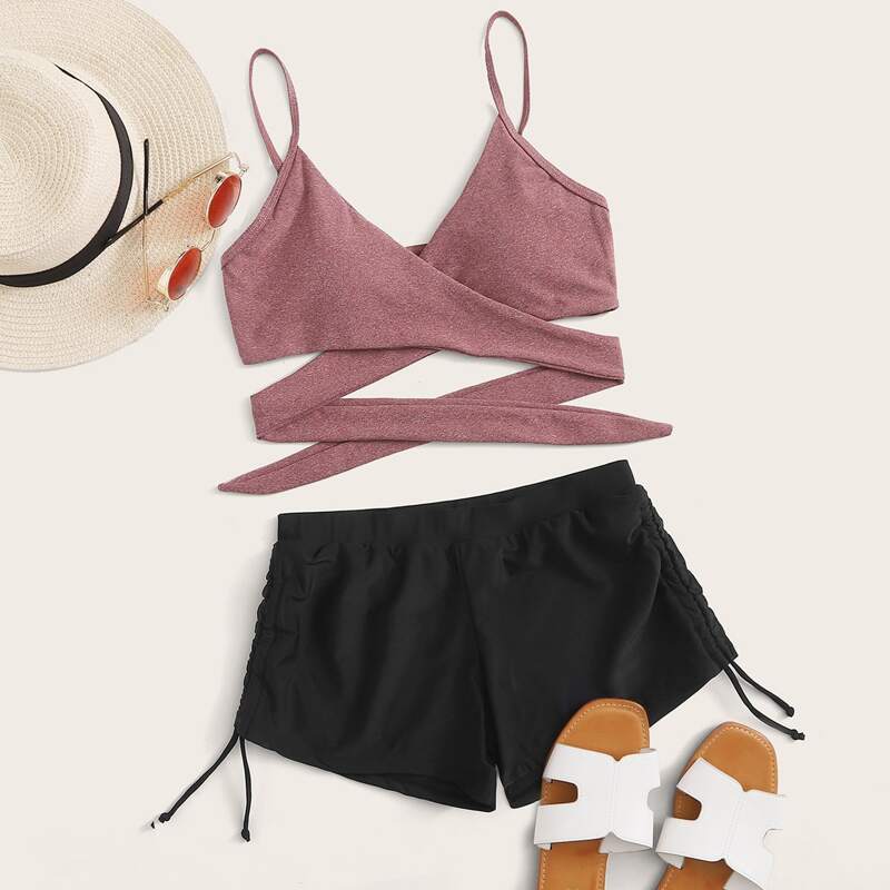 

Wrap Drawstring Shorts Bikini Swimsuit, Multicolor