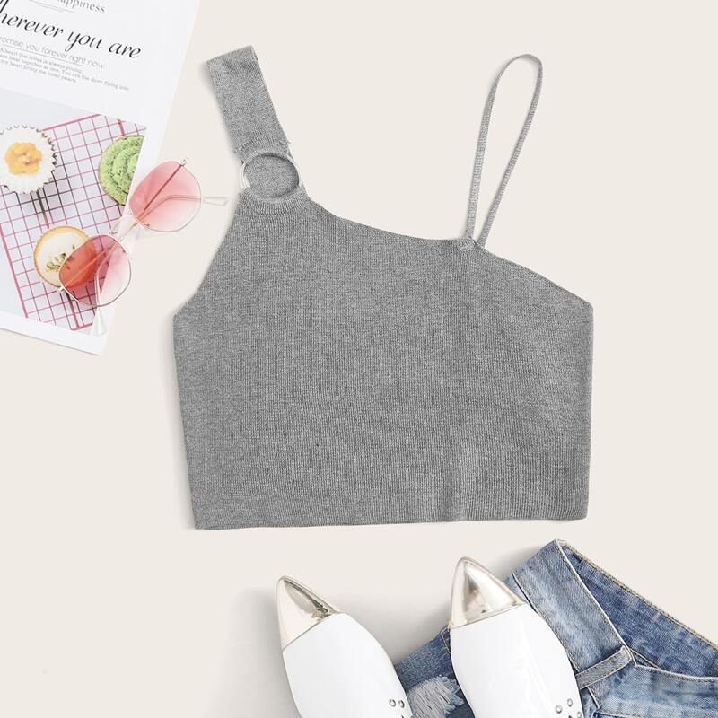 

Asymmetrical Neck Solid Crop Knit Top, Grey