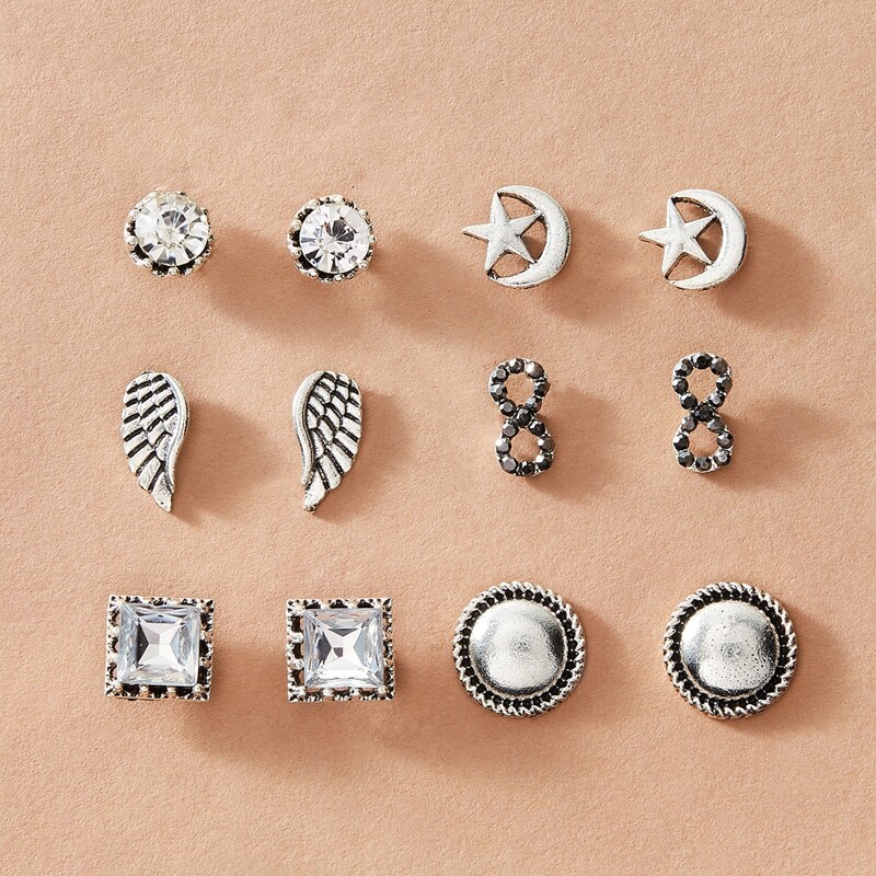 

6pairs Rhinestone Engraved & Infinity Design Stud Earrings, Silver