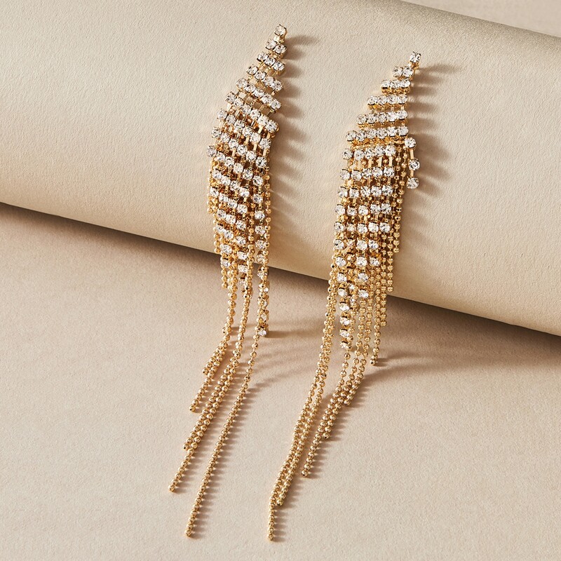 

1pair Rhinestone Engraved Tassel Drop Earrings, Gold