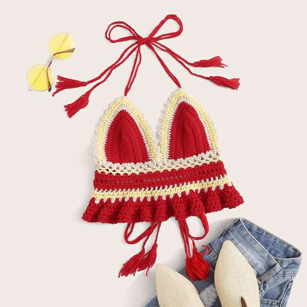 

Tassel Tie Back Crochet Bralette Cover Up Top, Red