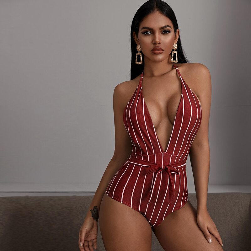

Striped Plunging Halter One Piece Swimsuit, Burgundy