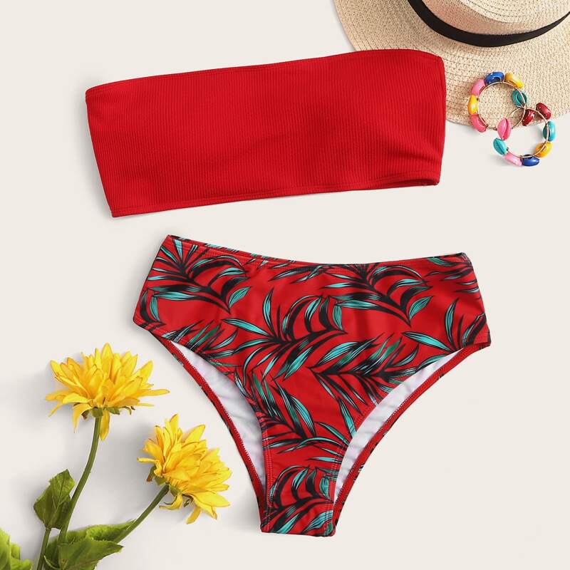 

Palm Leaf Print Rib Bandeau Bikini Swimsuit, Red