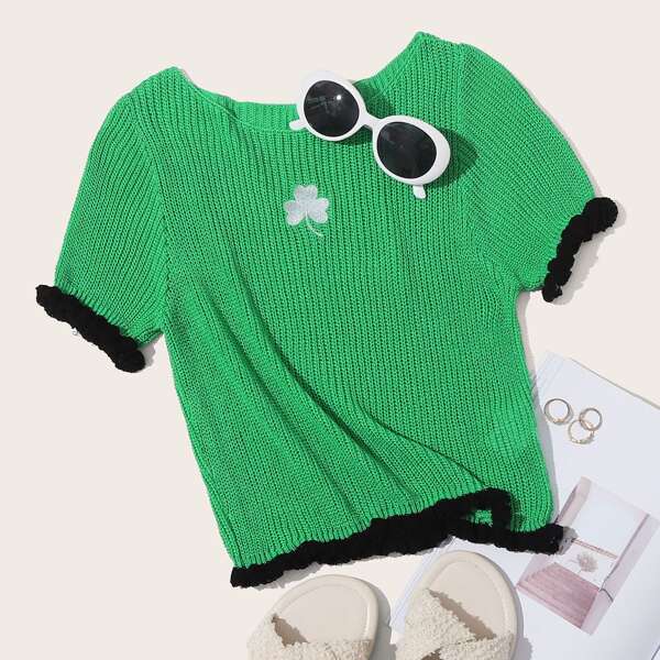 

Contrast Trim Embroidered Flower Knit Top, Green
