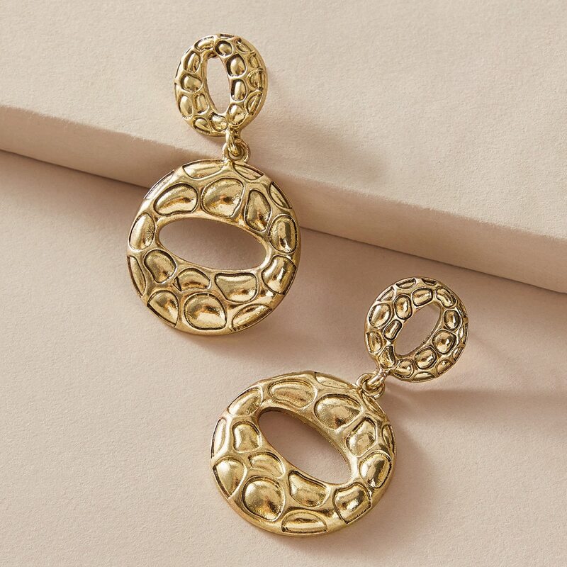 

1pair Textured Round Drop Earrings, Gold