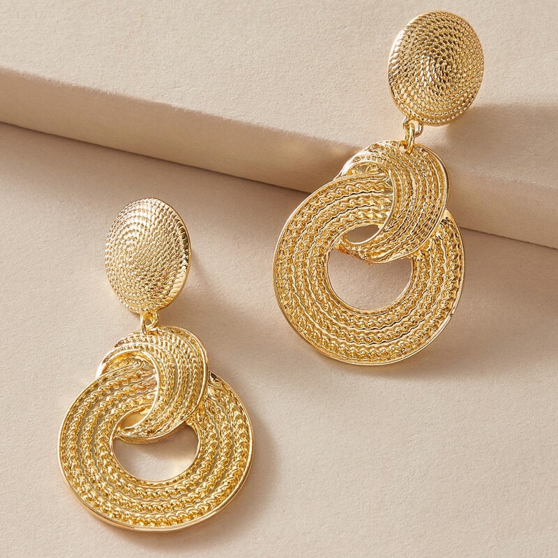 

1pair Textured Round Drop Earrings, Gold