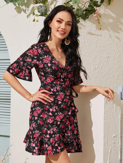Floral Print Ruffle Hem Wrap Dress