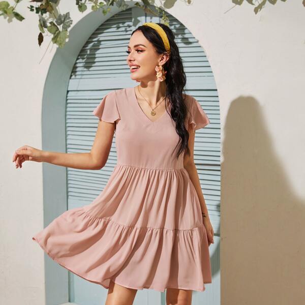 

V Neck Butterfly Sleeve Ruffle Hem Dress, Pink