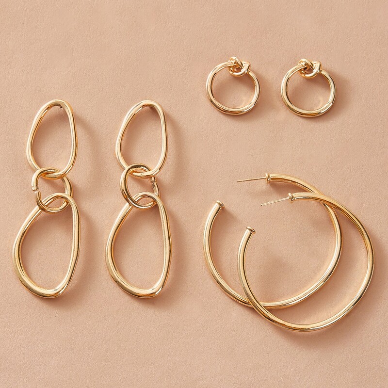 

3pairs Chain & Knot Decor Earrings, Gold