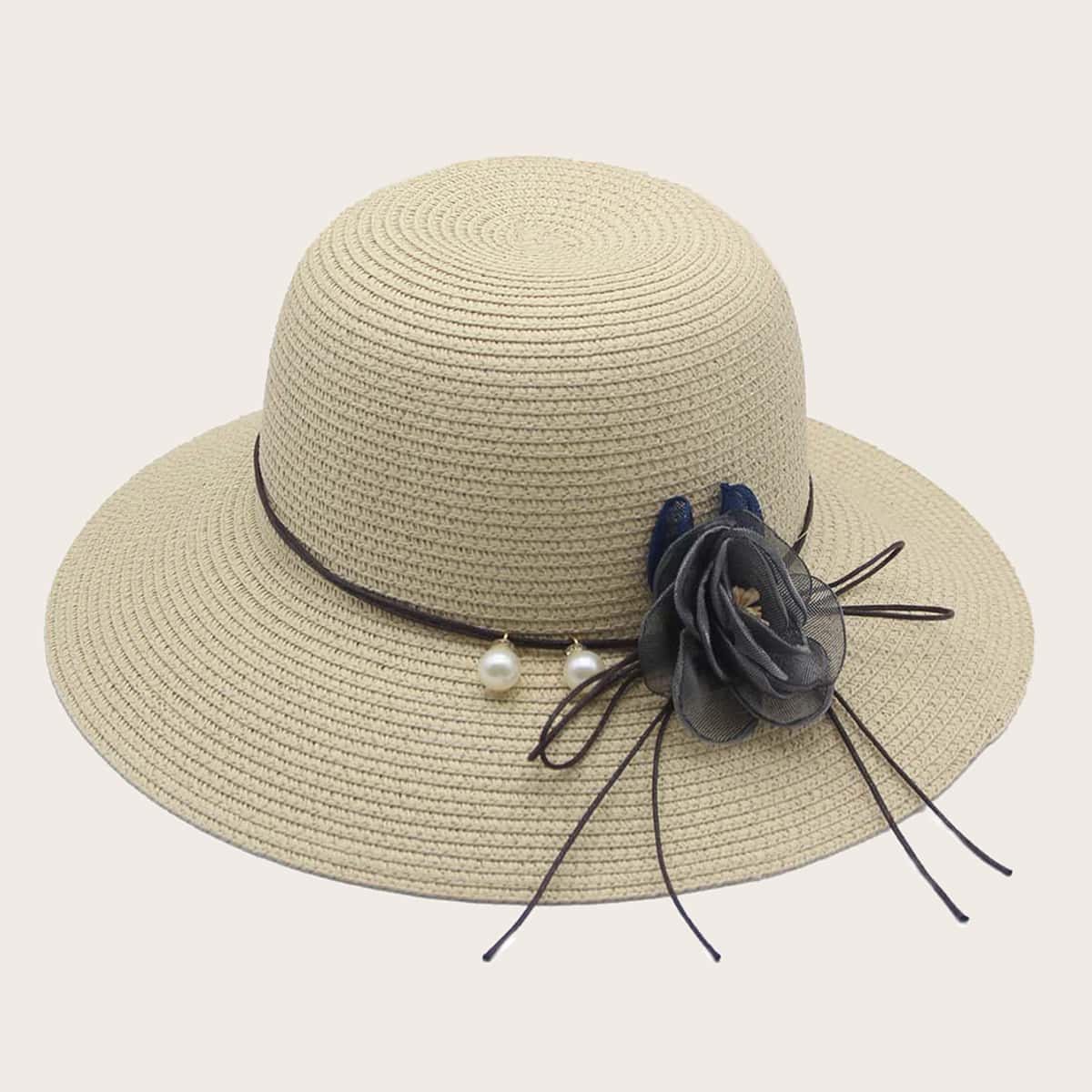 

Flower Decor Straw Hat, Beige