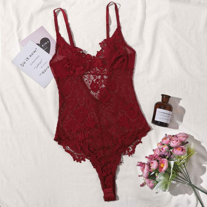 

Floral Lace Teddy Bodysuit, Burgundy