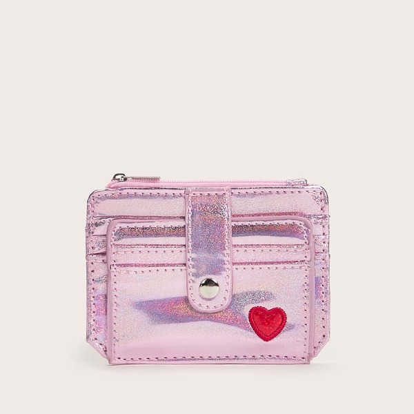 

Holographic Heart Embroidery Purse With Card Holder, Pink