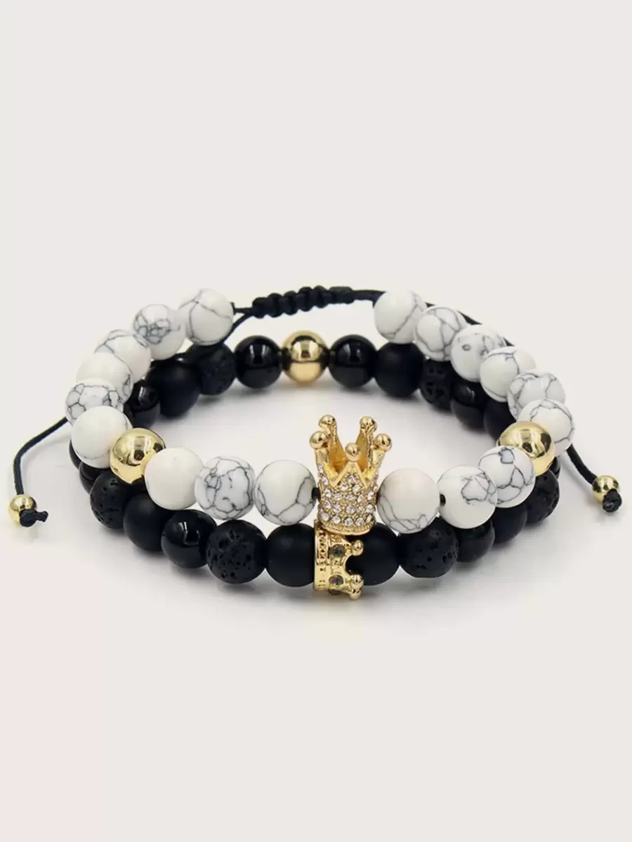 RINTOLER Fashionable and Popular 2pcs Men Marble Pattern Beaded Bracelet for Jewelry Gift and for a Stylish Look - Black and White - View 1