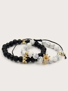 RINTOLER Fashionable and Popular 2pcs Men Marble Pattern Beaded Bracelet for Jewelry Gift and for a Stylish Look - Black and White - View 2