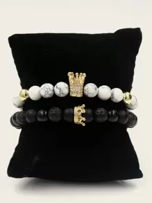 RINTOLER Fashionable and Popular 2pcs Men Marble Pattern Beaded Bracelet for Jewelry Gift and for a Stylish Look - Black and White - View 3