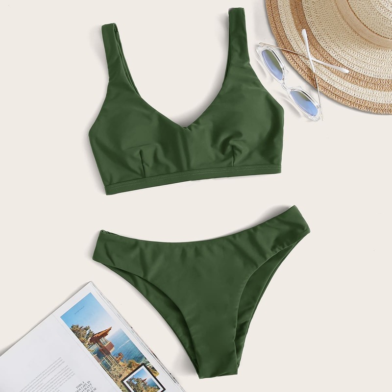 

Lace-up Back High Leg Bikini Swimsuit, Army green