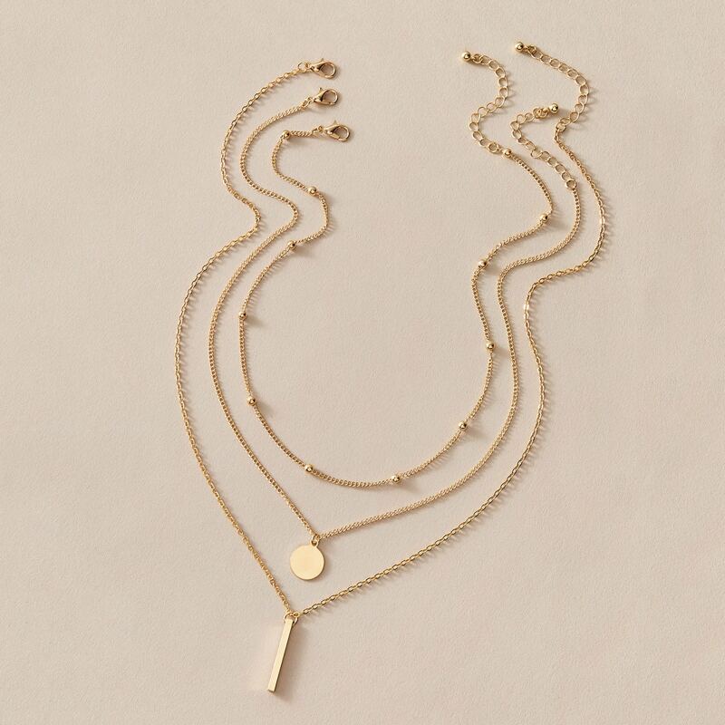 

3pcs Bar & Disc Charm Necklace, Gold