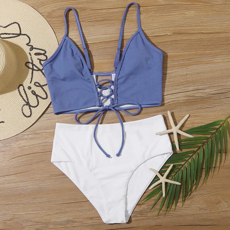 

Lace-up High Waist Bikini Swimsuit, Multicolor