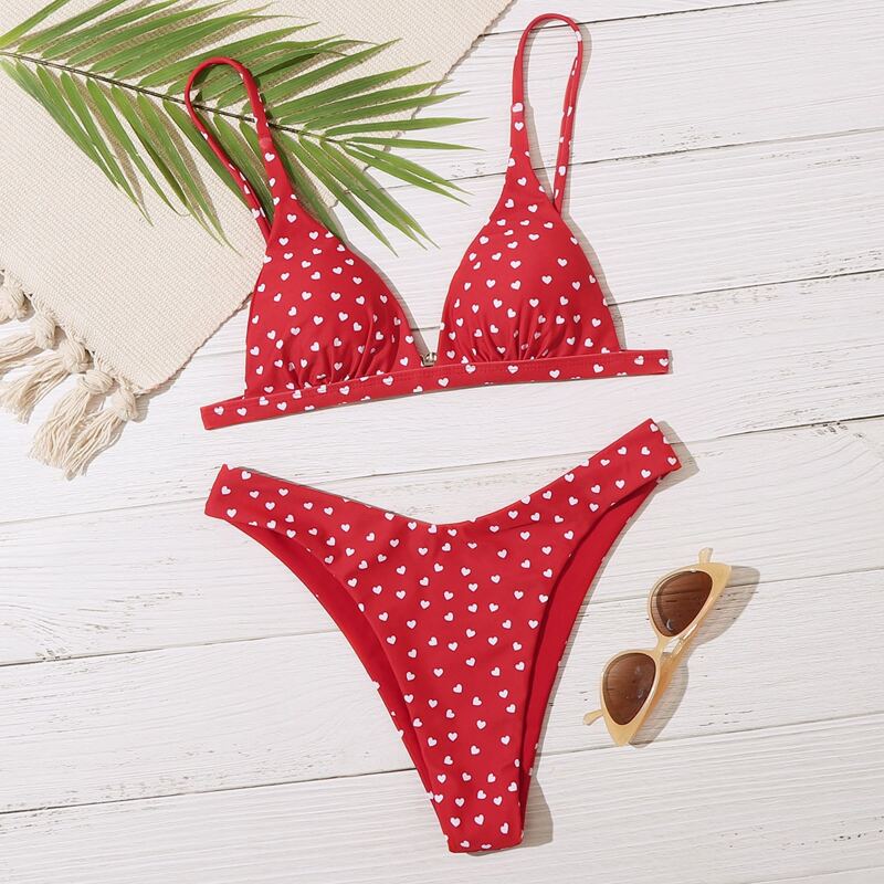 

Heart Triangle High Leg Bikini Swimsuit, Red