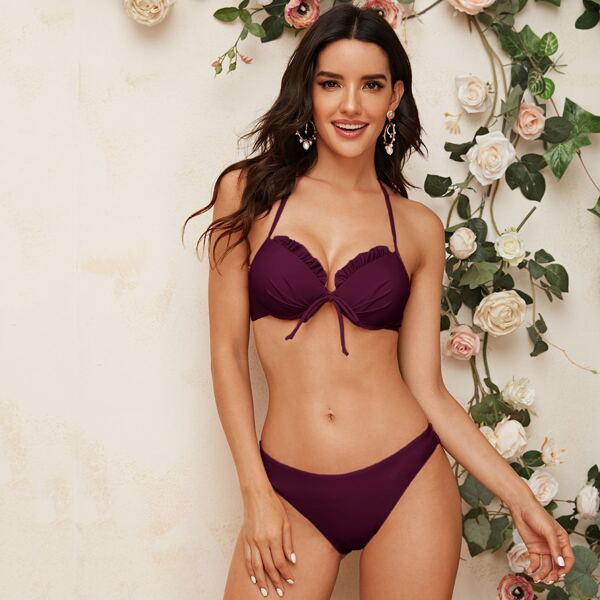 

Frill Trim Halter Underwire Bikini Swimsuit, Burgundy