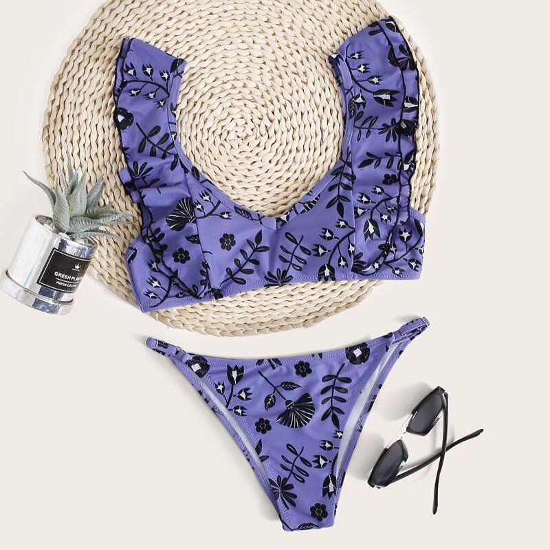 

Floral Ruffle Tanga Bikini Swimsuit, Purple