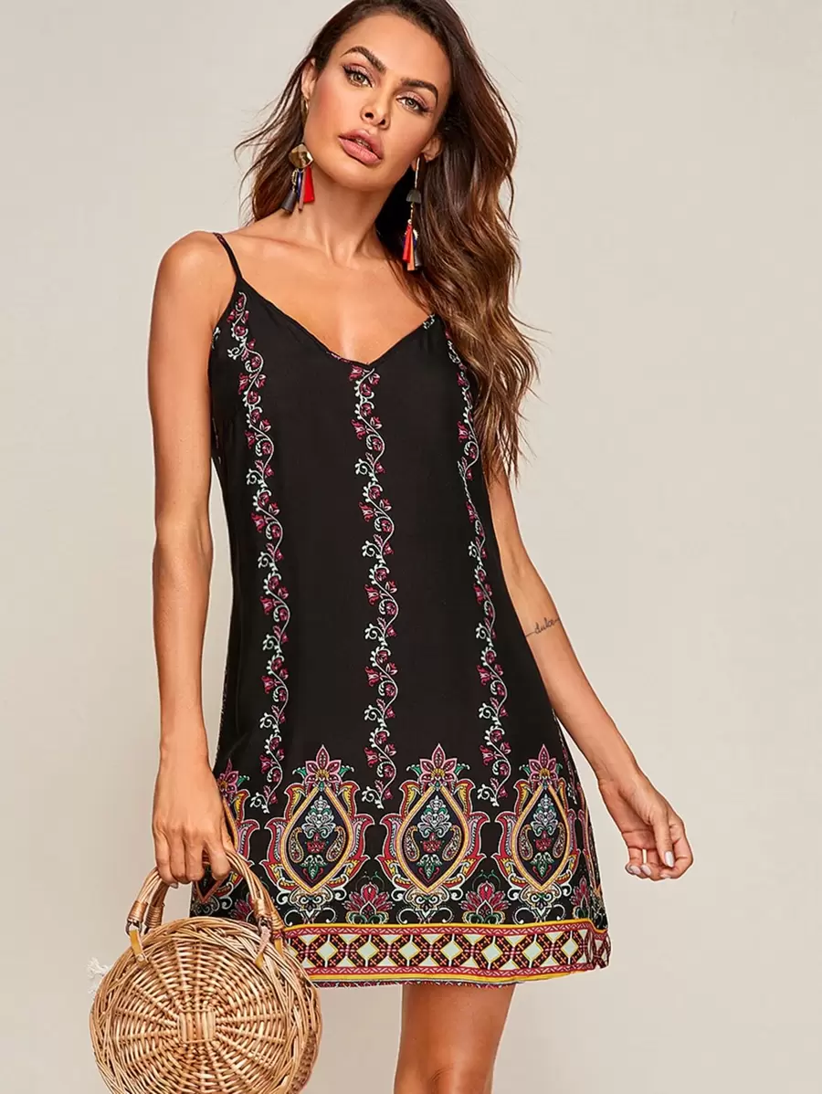 SHEIN VCAY Geo Print Cami Dress - Black - View 1