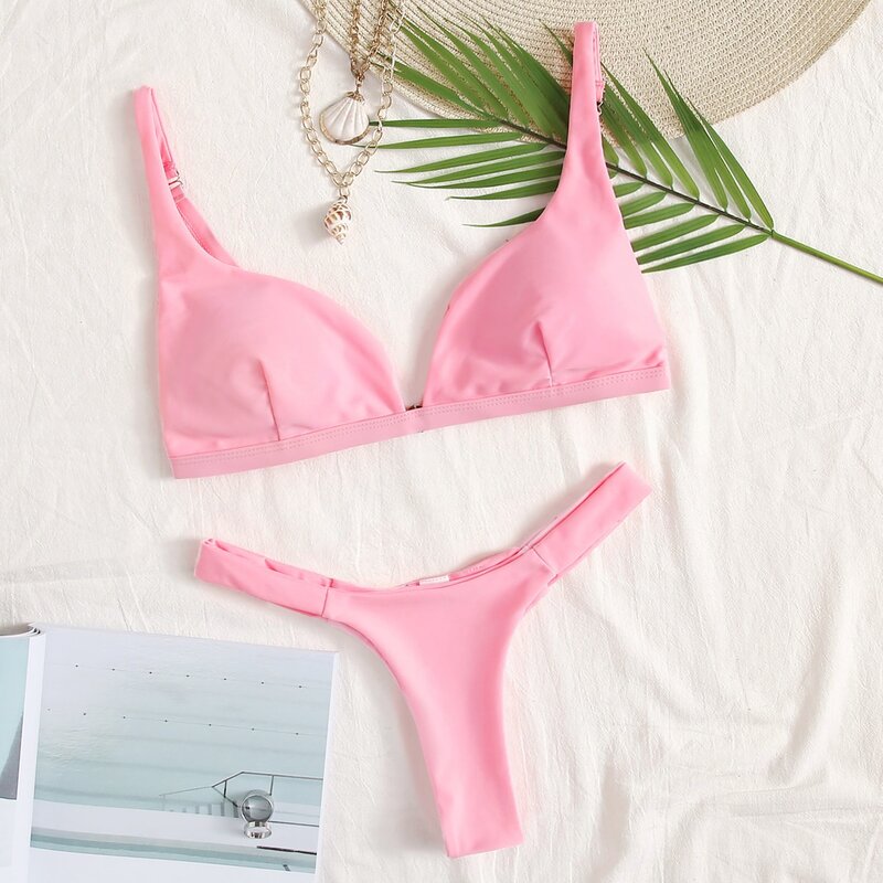 

Adjustable Strap High Leg Bikini Swimsuit, Pink
