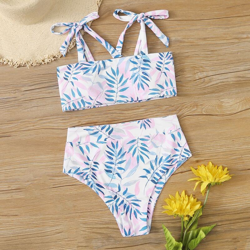 

Allover Leaf High Waist Bikini Swimsuit, Multicolor